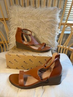 Mix No. 6 Tan Leather-Look Wedge Sandals with Ankle Strap